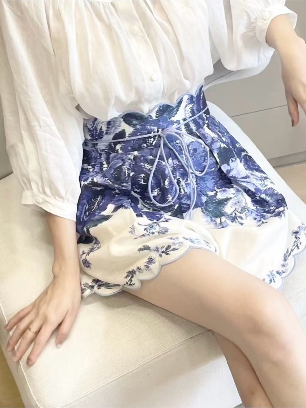 Zimmermann Scalloped High-Waist Blue & White Print Women’s Shorts